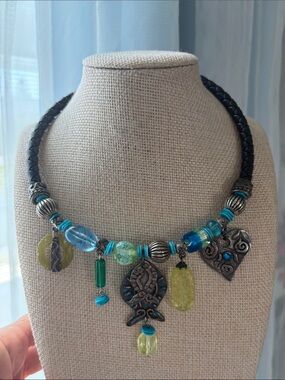 Boho Green & Turquoise Charm Necklace Black leather choker